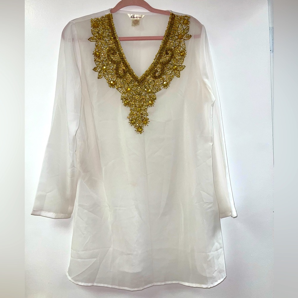 Lucky & Coco ivory and gold accents beaded embroidered cover-up swimwear L